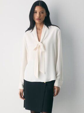 Babaton Hestia Blouse Matte Satin Tie-Neck Top in White Size XS